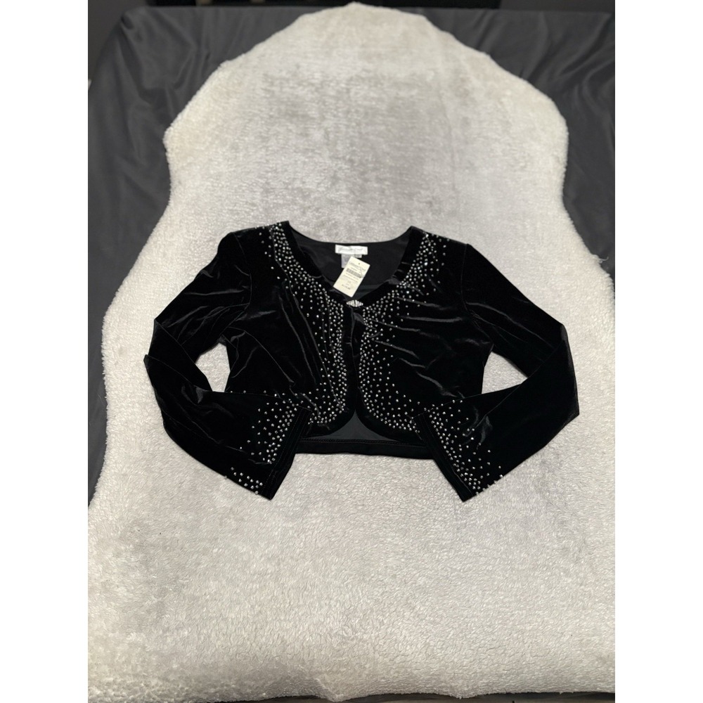NWT Coldwater Creek Black Velvet Cropped Bolero Jacket Rhinestone Studded Sz 10